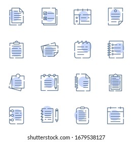 Nota, memo, conjunto de iconos de letras. Notas simples, lista, concepto de signo de icono de esquema de color de programación. ilustración vectorial. 