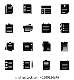Nota, memo, conjunto de iconos de letras. Notas simples, lista, programar concepto de signo de icono sólido. ilustración vectorial. 