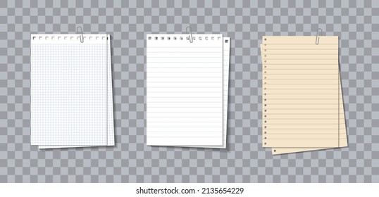 Nota: papel de nota. Diferentes hojas de bloc de notas con clip. Papel de notas con líneas y rejilla. Pieza de papel del billete para nota, aviso y texto. Hojas realistas aisladas en un fondo transparente. Vector.