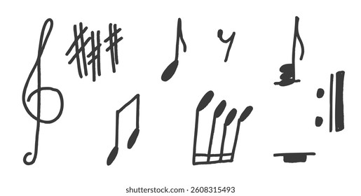 Note music crayon drawn set. Doodle elements. Grunge music shapes. treble clef, sharp, sketch . Vector monochrome illustration isolated on white background.
