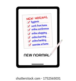 The note new normal are hygienic, work from home, online conference, online shopping, online learning, online banking and exercise at home with selected sign written with the pen in tablet.