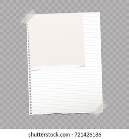 Note, notebook, copybook paper stuck with sticky tape on squared background.