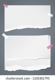 Note, notebook grainy paper pieces with torn edge stuck on dark gray backgroud. Vector illustration.
