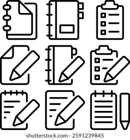 Note notebook or journal diary icon set with pen for  apps and websites.