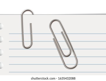 Note, notebook lined page with paper clips realistic vector illustration. Empty paper sheet with staples on white background. Blank memo note with office stationery close up backdrop