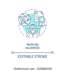 Note on alliances turquoise concept icon. Insurance company reputation abstract idea thin line illustration. Isolated outline drawing. Editable stroke. Arial, Myriad Pro-Bold fonts used