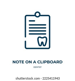 Note on a clipboard icon. Linear vector illustration from dentist collection. Outline note on a clipboard icon vector. Thin line symbol for use on web and mobile apps, logo, print media.