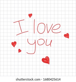 Note on a notebook sheet in a cage. I love you. Declaration of love,  Valentine's day card. Vector illustration.