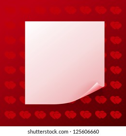 Note on red background with hearts. EPS10 vector.