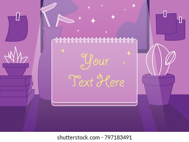 Note on the table cactus succulent night background with window view moon and star line flat