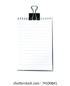 Note pad with black paperclip isolated on white background.