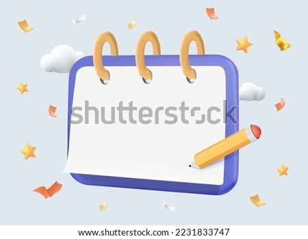 A note pad with colorful elements, a pencil, memo pad illustration set. Calendar or schedule online, time management. diary, memo label, sticker, memo pencil, spring note 3D render vector illustration