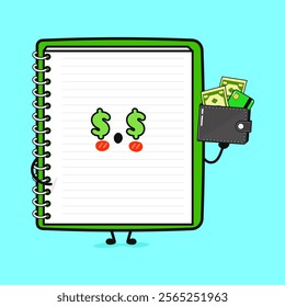 Note pad Dollar, Wallet, Money character. Vector hand drawn cartoon kawaii character illustration icon. Isolated on blue background. Note pad character concept