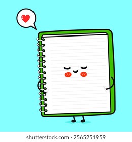 Note pad in love character. Vector hand drawn cartoon kawaii character illustration icon. Isolated on blue background. Note pad character concept