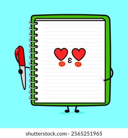 Note pad in love character. Vector hand drawn cartoon kawaii character illustration icon. Isolated on blue background. Note pad character concept