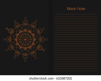 NOTE pad with orange geometric mandala on black background