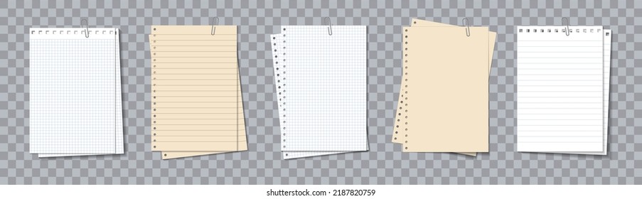 Note pad. Paper sheets for memo. Different notebook with clip. Notepaper with lines and grid. Papers of notepad for note, notice and text. Realistic cards isolated on transparent background. Vector.