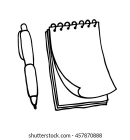 Note Pad And Pen Icons. Outlined On White Background.