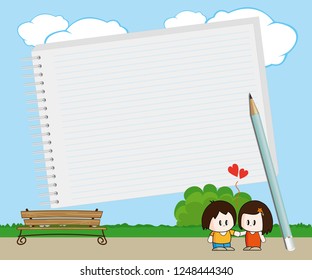 Note pad plus pencil with a couple in love at the park