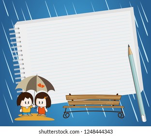 Note pad plus pencil with a couple under the rain