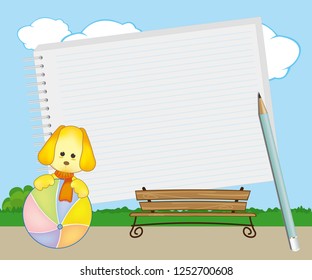 Note pad plus pencil with a dog playing with ball