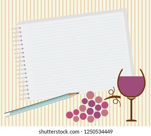 Note pad plus pencil with glass of wine and grapes