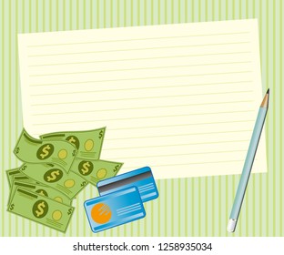 Note pad plus pencil with money and credit card