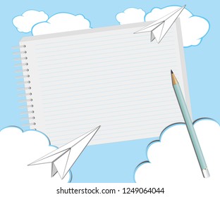 Note pad plus pencil with paper airplane in the sky with cloud 