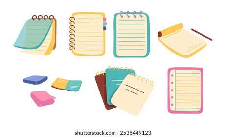 Note pad set 1960s retro style. Colorful notebooks collection vector illustration isolated on white background