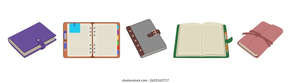 Note pad set. Diary, business organizer, daily planner, open and closed notebooks. Office and school stationery. Hand drawn vector illustration isolated on white background, flat cartoon style.