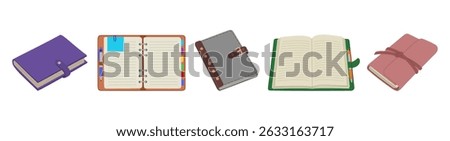Note pad set. Diary, business organizer, daily planner, open and closed notebooks. Office and school stationery. Hand drawn vector illustration isolated on white background, flat cartoon style.