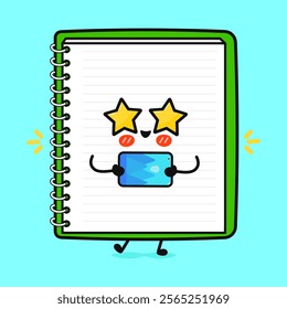 Note pad with smartphone character. Vector hand drawn cartoon kawaii character illustration icon. Isolated on blue background. Note pad character concept