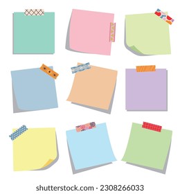 Note Pad With Sticky Tape Collection. Set of different note papers ready for your message. Vector illustration.