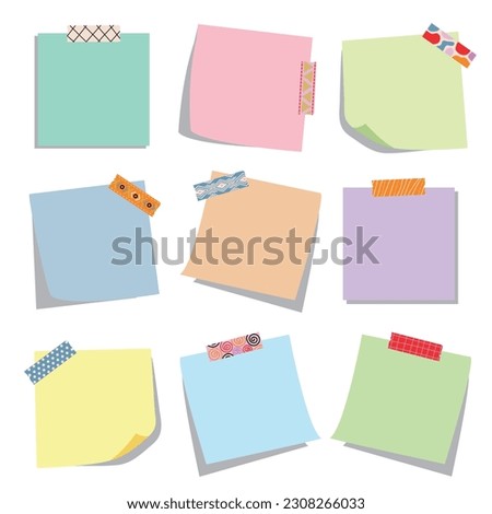 Note Pad With Sticky Tape Collection. Set of different note papers ready for your message. Vector illustration.