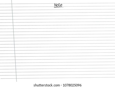 Note Pad. White paper has lines and The word note above the paper. There is space available for the character or text. concept:memo