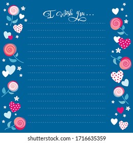 Note page design in cute hand drawn style with flowers and hearts. Good for notebook, invitations, greeting and birthday cards.