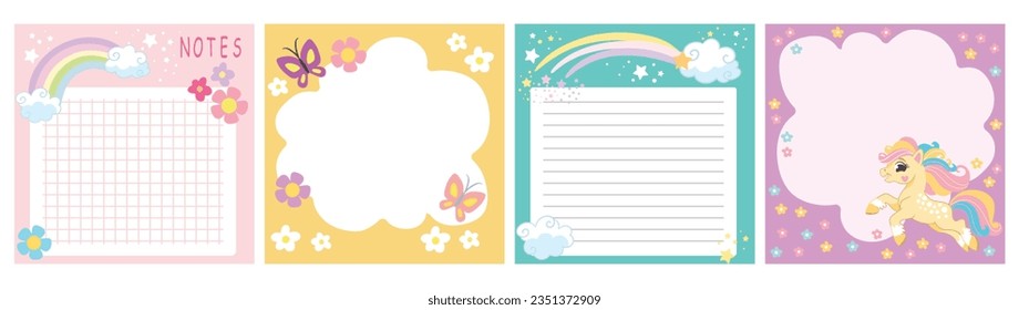 Note pages with cute happy unicorn, butterflies and rainbow. Notes and to do list. Memo pages with magic horses. Timetable design with animals. Printable organizer sheets. Vector illustration.