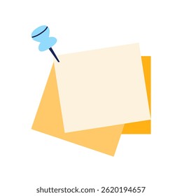 Note pages with pin in flat design. Office or school attached notepapers. Vector illustration isolated.