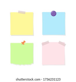 Papel de nota adjunto con cinta adhesiva, vástago de empuje e imán - conjunto de ilustraciones vectoriales planas de diversos documentos comerciales para escribir notas, recordatorios y mensajes informativos.