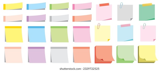 Note paper, binder clip, adhesive tape. Blank sheet, sticky note. Templates for a note message. Vector illustration