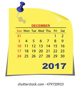 Note Paper Calendar December 2017 year. Yellow paper sheet. Vector image.