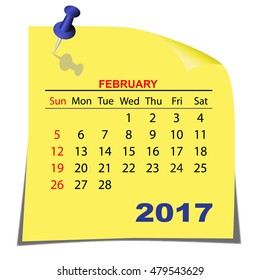 Note Paper Calendar  February 2017. Yellow paper sheet. Vector image.