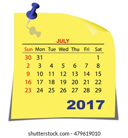 Note Paper Calendar July 2017 year. Yellow paper sheet. Vector image.