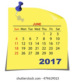 Note Paper Calendar June 2017 year. Yellow paper sheet. Vector image.
