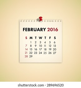 Note Paper Calendar Vector February 2016