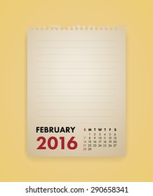 Note Paper Calendar Vector February 2016