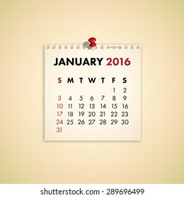 Note Paper Calendar Vector January 2016