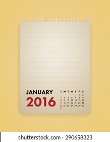 Note Paper Calendar Vector January 2016