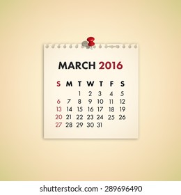 Note Paper Calendar Vector March 2016