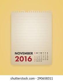 Note Paper Calendar Vector November 2016